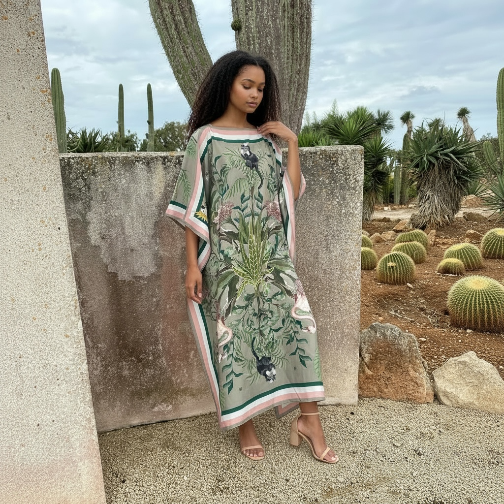 JUNGLE ANIMALS SILK TUNIC - TAUPE