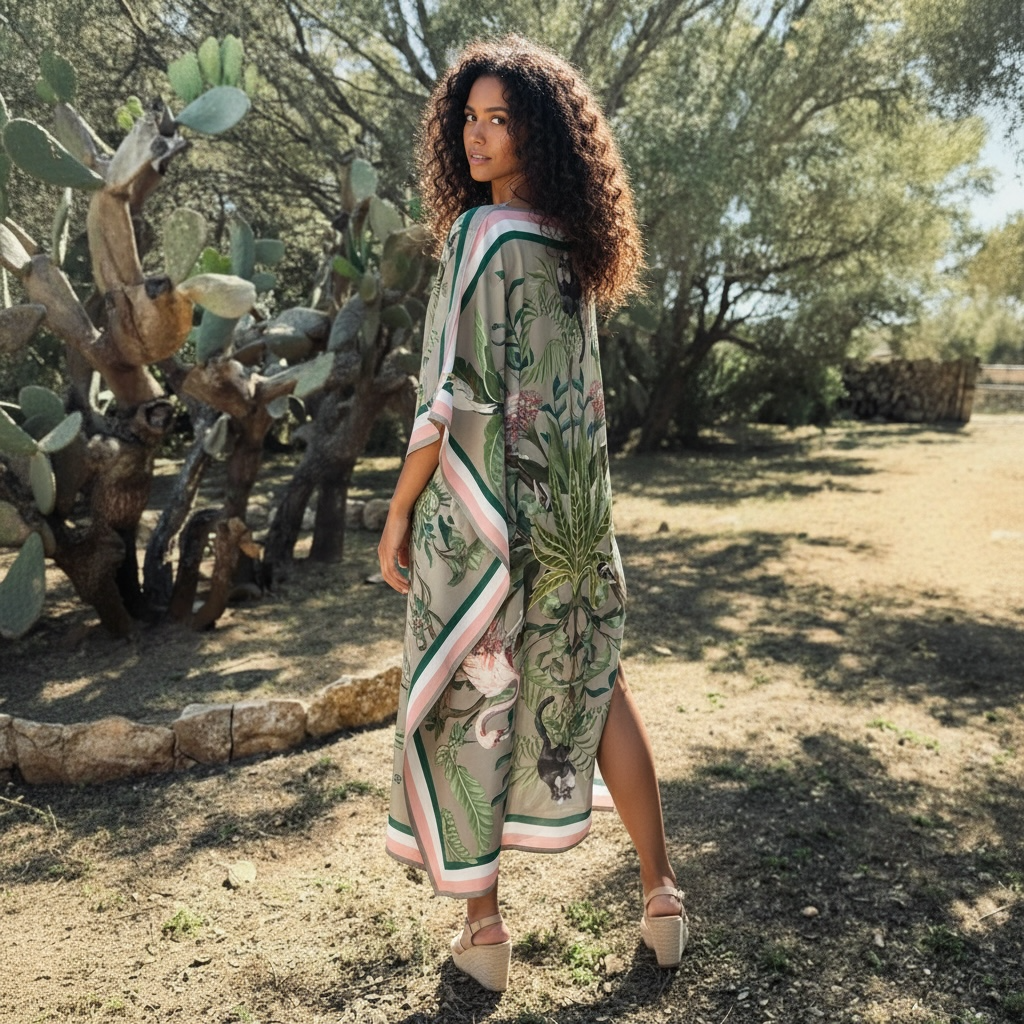 JUNGLE ANIMALS SILK TUNIC - TAUPE