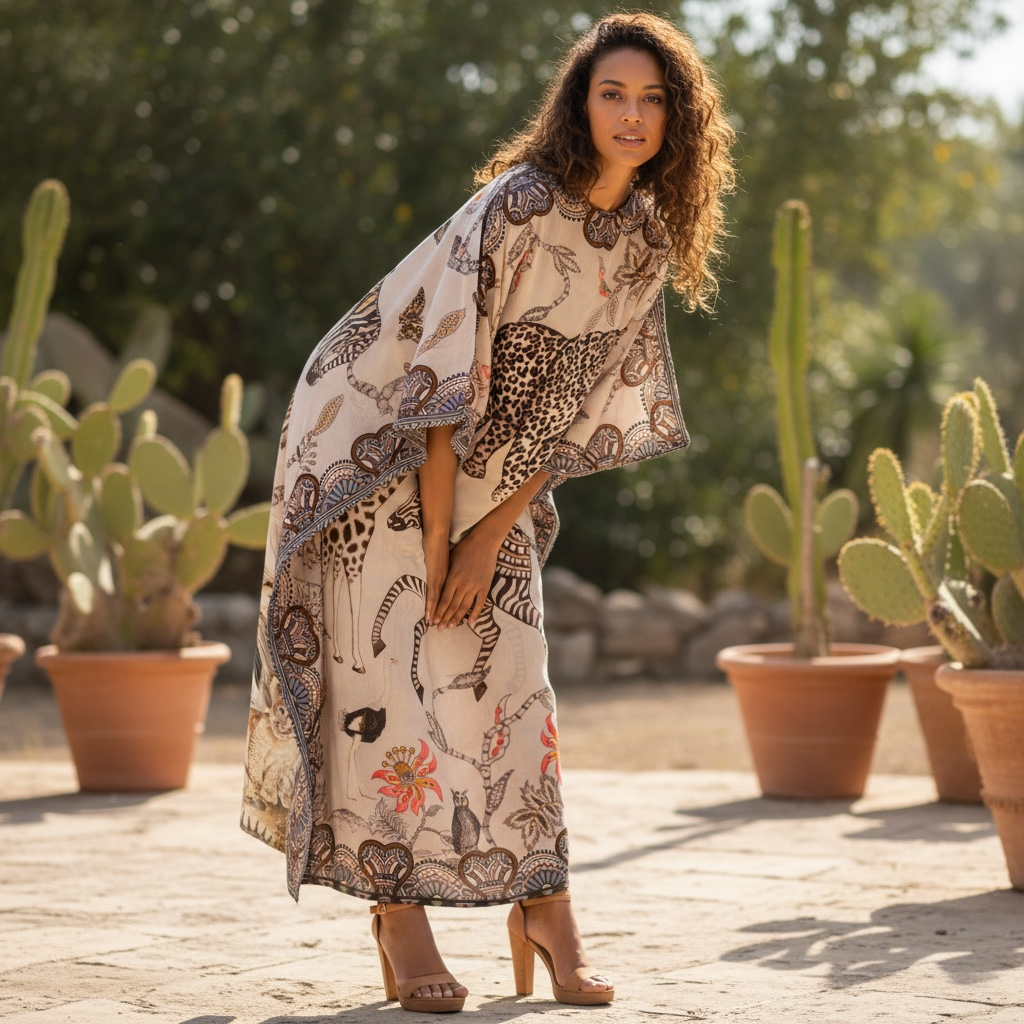 WILDLIFE SILK TUNIC - TAUPE
