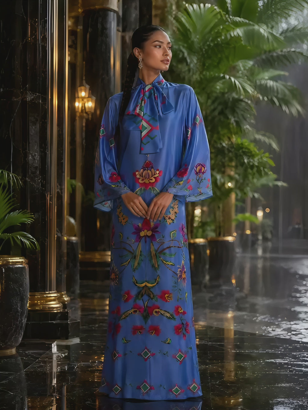 ETHNO FLORAL PRINCESS DRESS-BLUE
