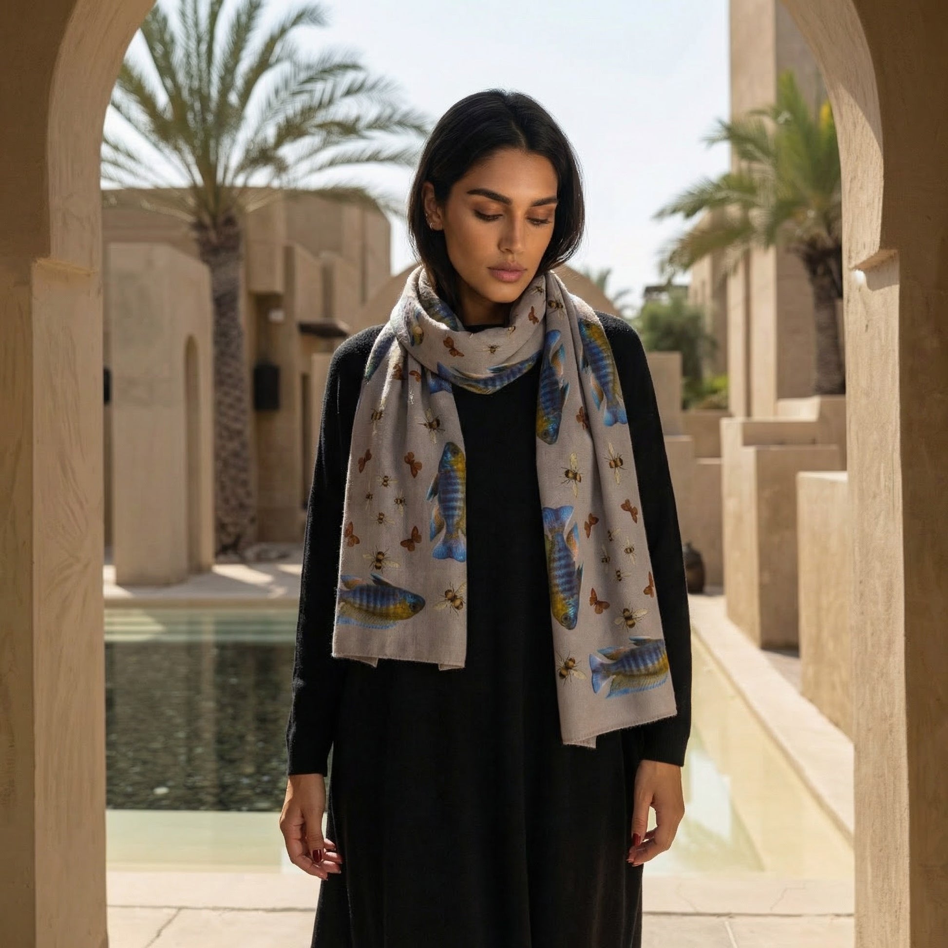 BUTTERFLY & FISH CASHMERE SCARF - TAUPE