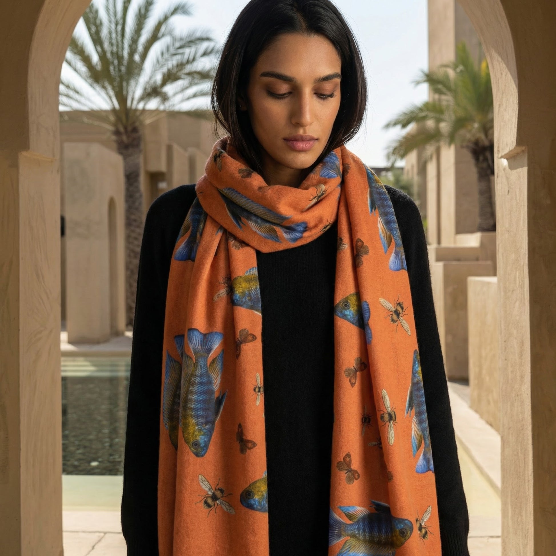 BUTTERFLY & FISH CASHMERE SCARF - ORANGE
