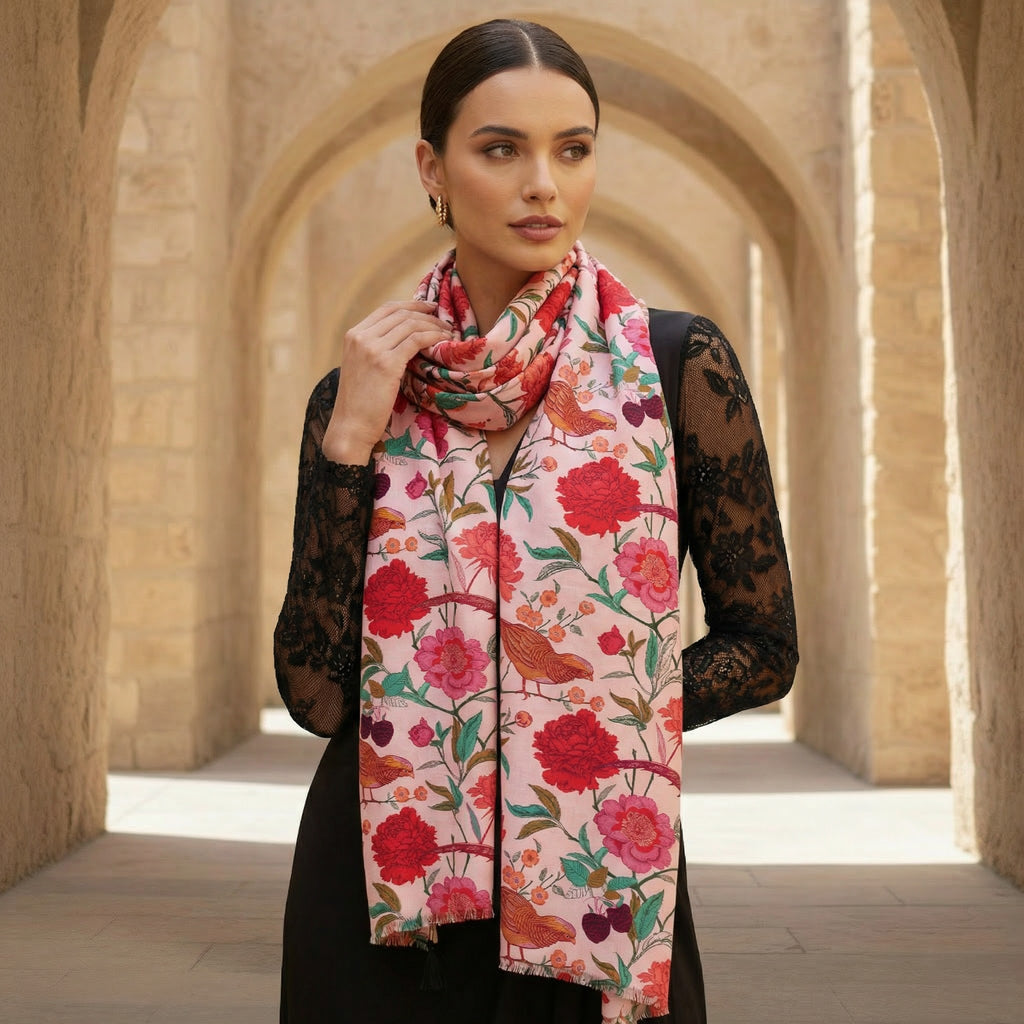 BIRD PARADISE CASHMERE SCARF - ROSE