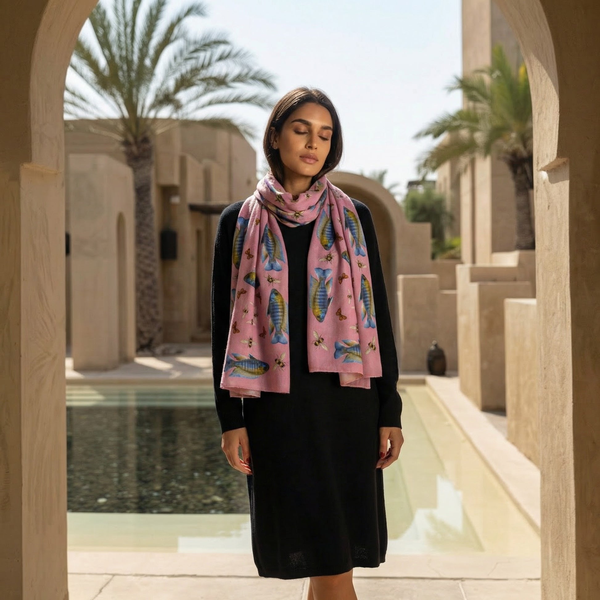 BUTTERFLY & FISH CASHMERE SCARF - PINK