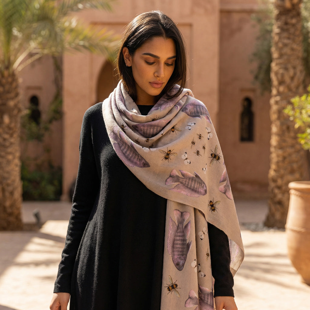 BUTTERFLY & FISH CASHMERE SCARF - GREY