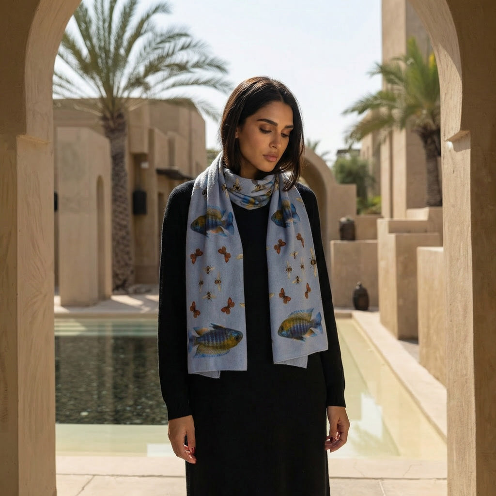 BUTTERFLY & FISH CASHMERE SCARF - BLUE