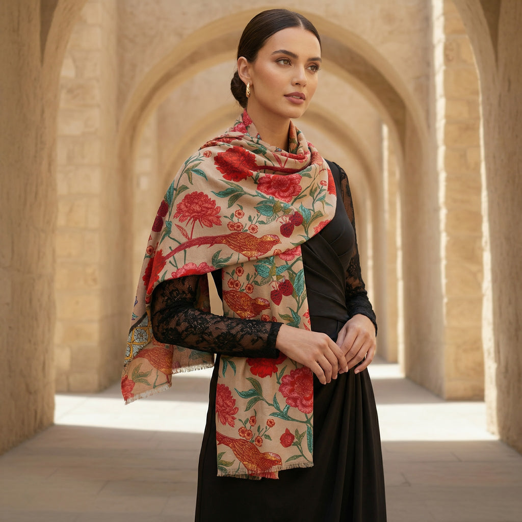 BIRD PARADISE CASHMERE SCARF - TAUPE