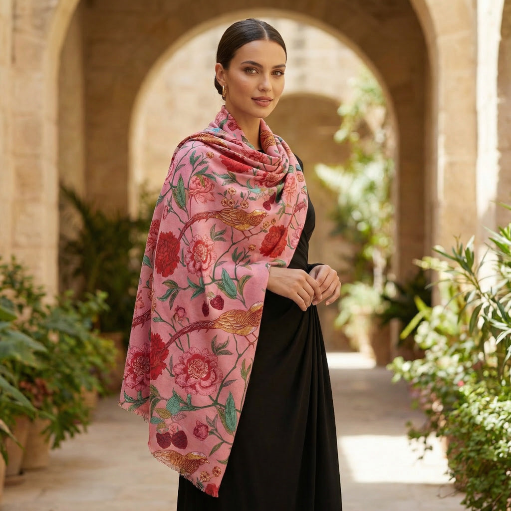 BIRD PARADISE CASHMERE SCARF - PINK